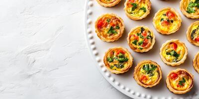 Mini quiches arranged in an organized pattern on a white platter, food setting photo