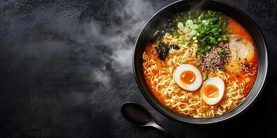 Steaming ramen bowl with broth, noodles, and toppings, with a spoon, meal photography photo