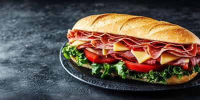 Sub sandwich on a plate, filled with layers of meat, cheese, and vegetables, meal photography photo