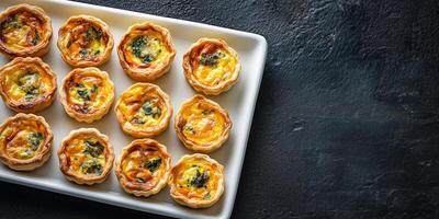 Mini quiches positioned evenly on a rectangular plate, food setting photo