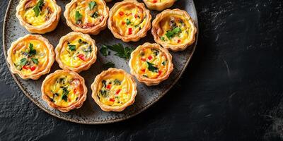 Mini quiches arranged symmetrically on a round plate, meal photography photo