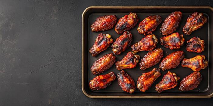 organizado monitor de pollo alas arreglado en rectangular bandeja, comida ajuste foto