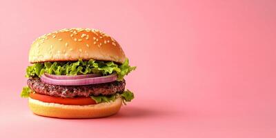 Assembled burger with visible layers, placed horizontally on a flat surface, meal photography photo