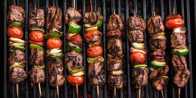 Beef kebabs arranged on a grill, evenly spaced with vegetables, food setting photo