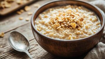 Close-up view of hot cereal with a spoon resting beside it, meal photography photo