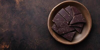 Dark chocolate pieces arranged in a semi-circle on a serving platter, food setting photo