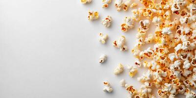 Flavored popcorn scattered on a flat surface, with popped kernels showing an even coating, meal photography photo