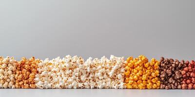 Flavored popcorn piled high, with coated popcorn arranged on a plain background, meal photography photo
