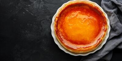 Flan in large dish, top-down view, smooth surface, food setting photo
