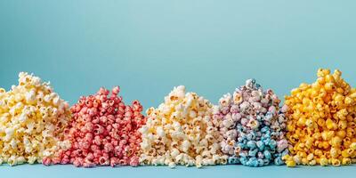 Flavored popcorn piled high, with coated popcorn arranged on a plain background, food setting photo