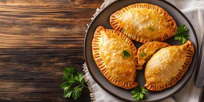 Four vegetarian empanadas arranged in a circle on a plate, food setting photo