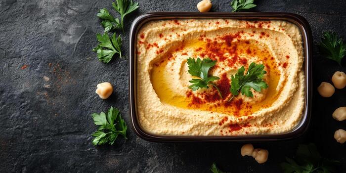 Hummus displayed in a rectangular container with an even texture and no extra components, food setting photo