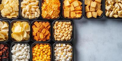 Individual servings of assorted snacks placed orderly on flat serving tray, meal photography photo