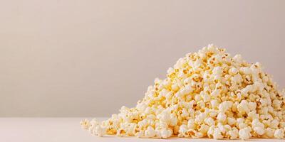 Kettle corn piled high, with popped kernels arranged on a plain background, food setting photo