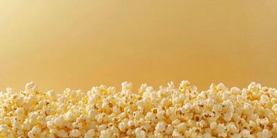 Kettle corn piled high, with popped kernels arranged on a plain background, meal photography photo