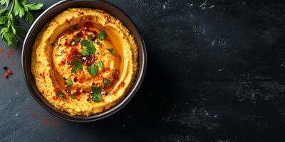 Hummus in a square container, no toppings or decorations, meal photography photo