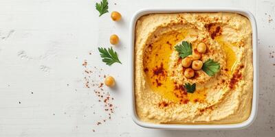 Hummus in a square container, no toppings or decorations, food setting photo