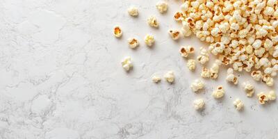 Kettle corn scattered on a flat surface, with popped kernels clearly visible, meal photography photo