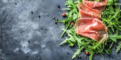 Prosciutto slices draped over a small pile of arugula leaves, meal photography photo