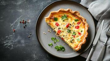 Quiche slice on a plate with a small bowl of garnish beside it, meal photography photo