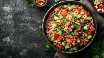 Quinoa salad in a shallow bowl with cooked quinoa, vegetables, herbs, and nuts arranged, food setting photo