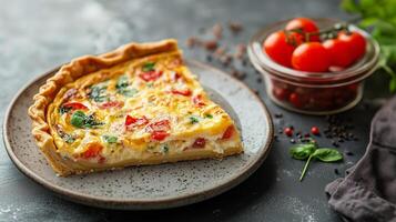 Quiche slice on a plate with a small bowl of garnish beside it, meal photography photo