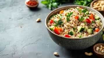 Quinoa salad in a shallow bowl with cooked quinoa, vegetables, herbs, and nuts arranged, meal photography photo