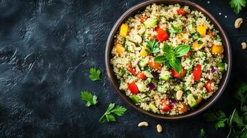 Quinoa salad in a dish with cooked quinoa, mixed vegetables, herbs, and nuts combined, meal photography photo