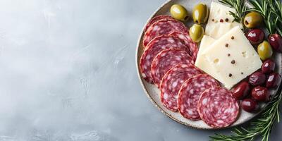 Salami slices displayed on a plate with olives and cheese, meal photography photo