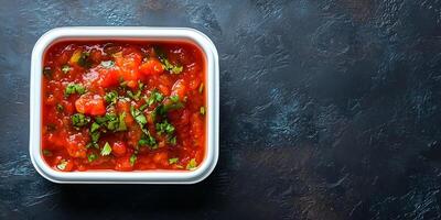 Salsa in a rectangular container, smooth texture, meal photography photo