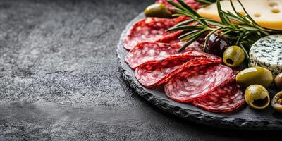 Salami slices displayed on a plate with olives and cheese, food setting photo