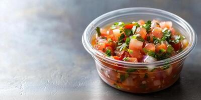 Salsa in a transparent container, minimalistic presentation, food setting photo