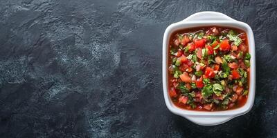 Salsa in a square dish, no extra elements or adornments, meal photography photo