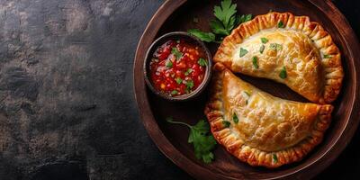 Two beef empanadas on a tray with a bowl of sauce, meal photography photo