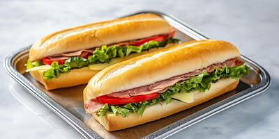 Two sub sandwiches on a tray, each containing meat, cheese, and fresh vegetables, food setting photo