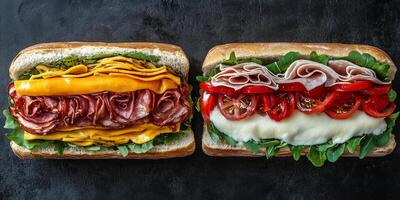 Two Italian subs side by side, packed with layers of meat, cheese, and vegetables, meal photography photo