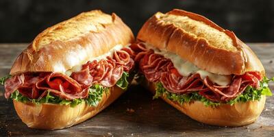 Two sub sandwiches side by side, filled with a mix of meat, cheese, and vegetables, food setting photo
