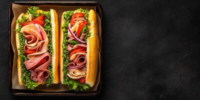 Two sub sandwiches on a tray, each containing meat, cheese, and fresh vegetables, meal photography photo