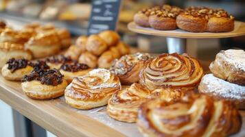 Various danishes displayed on bakery counter near pastries, food setting photo