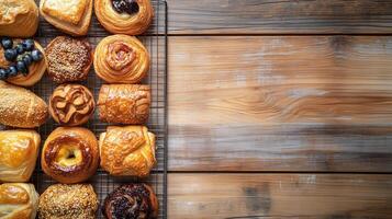 Various pastries lined up on a wire cooling rack over a wooden countertop, meal photography photo