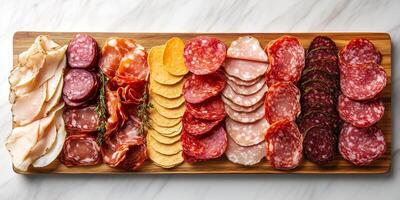 Various charcuterie displayed in rows on a flat, rectangular platter, food setting photo
