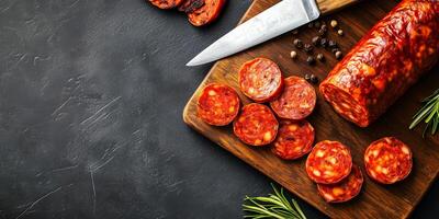 Whole chorizo and slices displayed with a knife on a cutting board, food setting photo