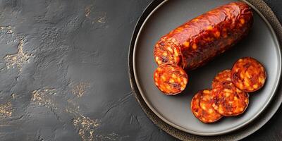Whole chorizo with a few slices next to it on a plate, meal photography photo