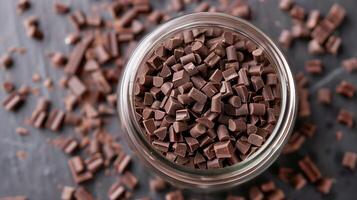 Close-up of a jar filled with chocolate jimmies, with some scattered nearby, culinary photography photo