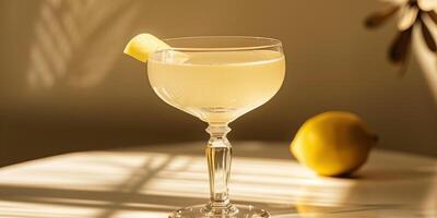 Coupe glass with pale yellow liquid and lemon peel garnish on rim, culinary photography photo