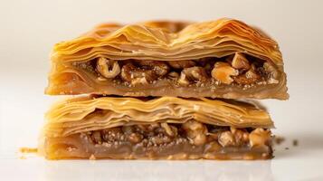 Cross-section view of baklava, showing pastry layers and sweet nut filling, food photography photo