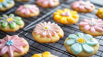 Cooling rack holding vegan sugar cookies, with some decorated with colorful icing, culinary photography photo