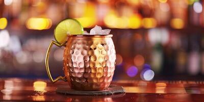 Copper mug with chilled drink and lime wedge garnish, culinary photography photo