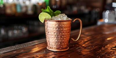 Copper mug with ice, clear liquid, lime wedge on rim, mint leaves, food photography photo