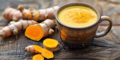 Cup of yellow liquid with frothy top on wooden table next to turmeric roots, culinary photography photo
